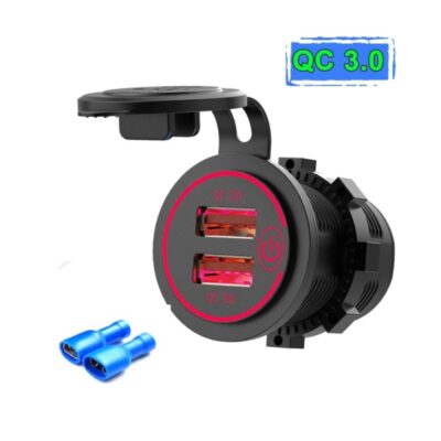 شارژر USB خودرویی روپنلی گرد قرمز دو خروجی فست شارژ QC3.0 با ON/OFF لمسی و فیوز بین راهی