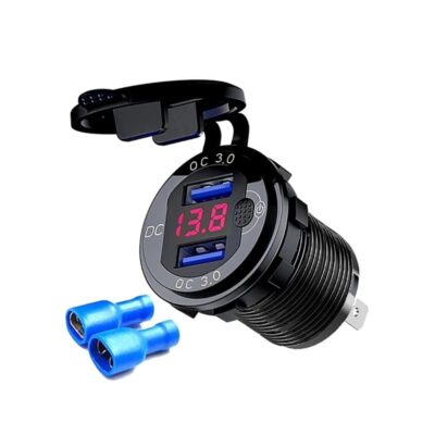 شارژر USB خودرویی روپنلی گرد قرمز دو خروجی فست شارژ QC3.0 با نمایشگر ولتاژ و کلید ON/OFF